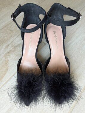 BCBGeneration Black Satin Feather Heels Pumps Size 6.5